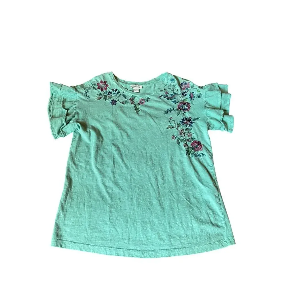 Sundance Embroidered Floral Top Womens Small Mint Green Ruffle Sleeve Boho